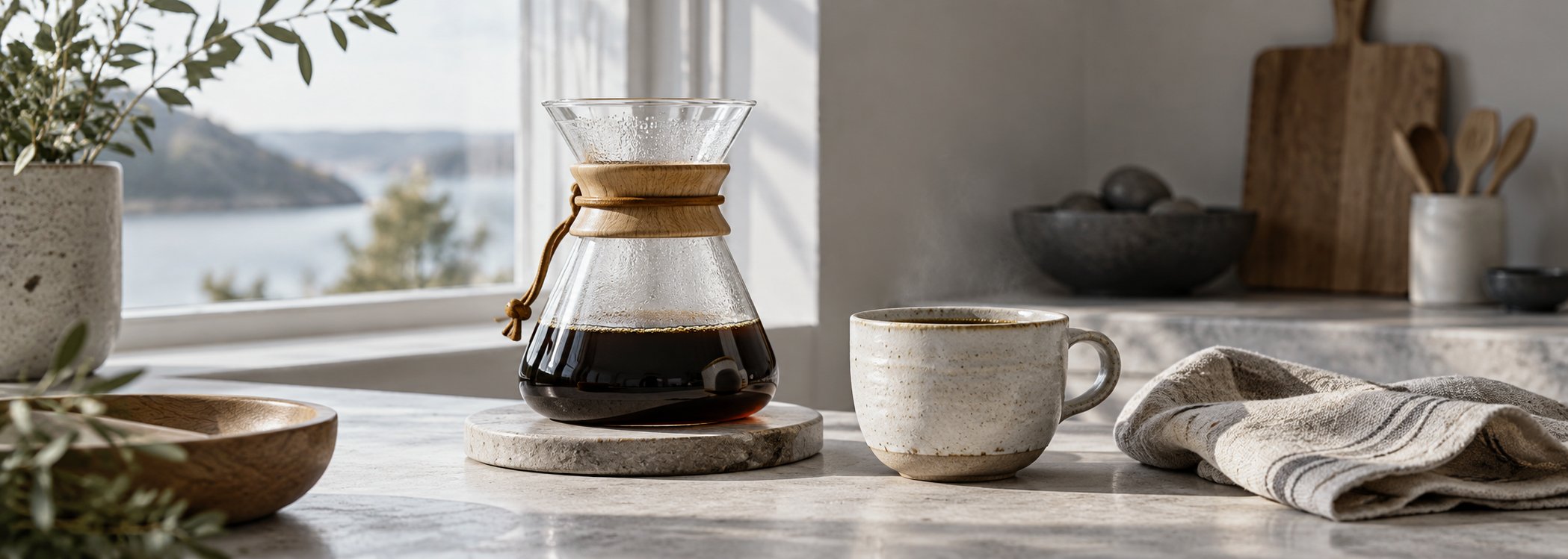 Glass coffee carafe and handmade cup on a pale counter