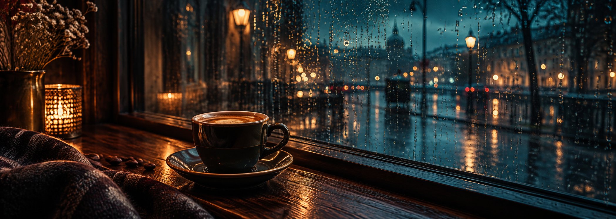Black espresso cup beside a rain-streaked city window
