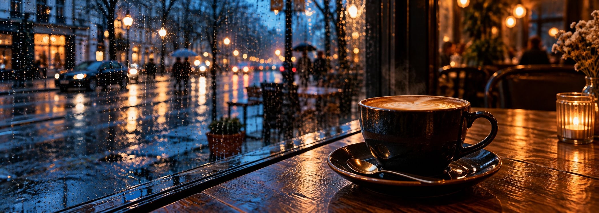 Dark coffee cup with neon lights reflected in a rainy window