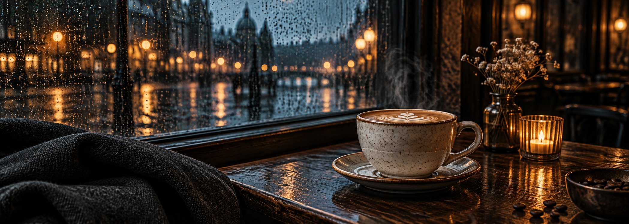 Steaming latte and candlelight beside a rainy window