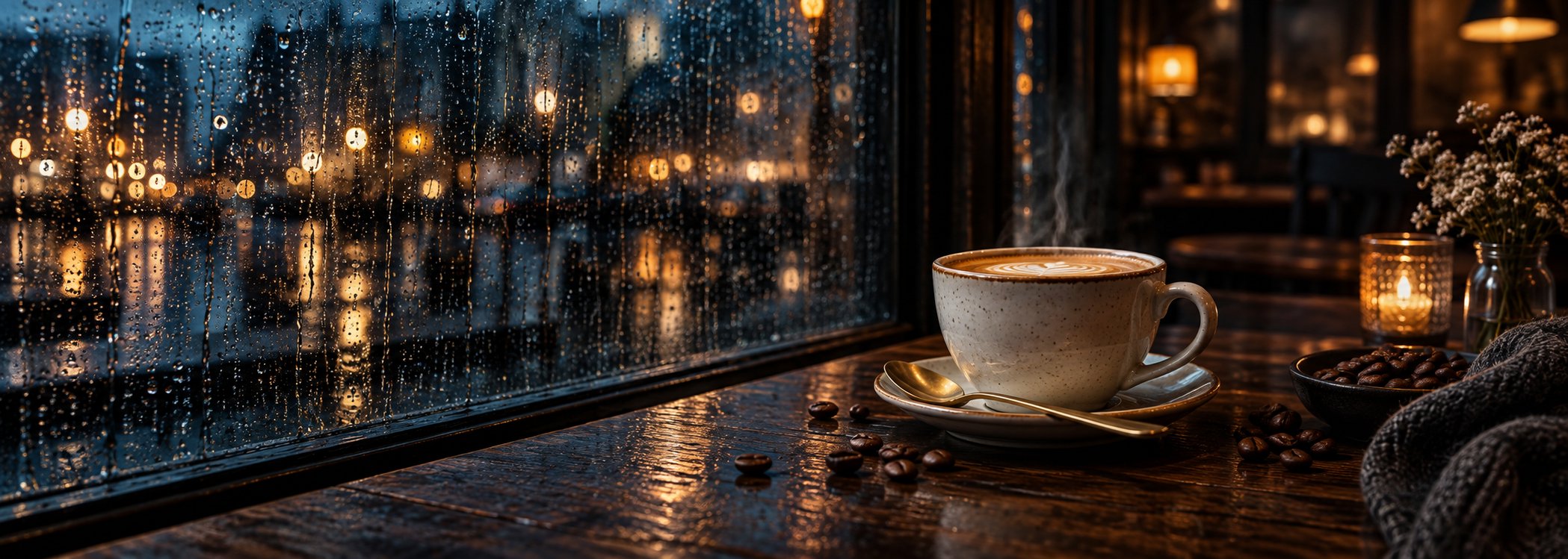 Café coffee cup with spoon and blurred lights through rain