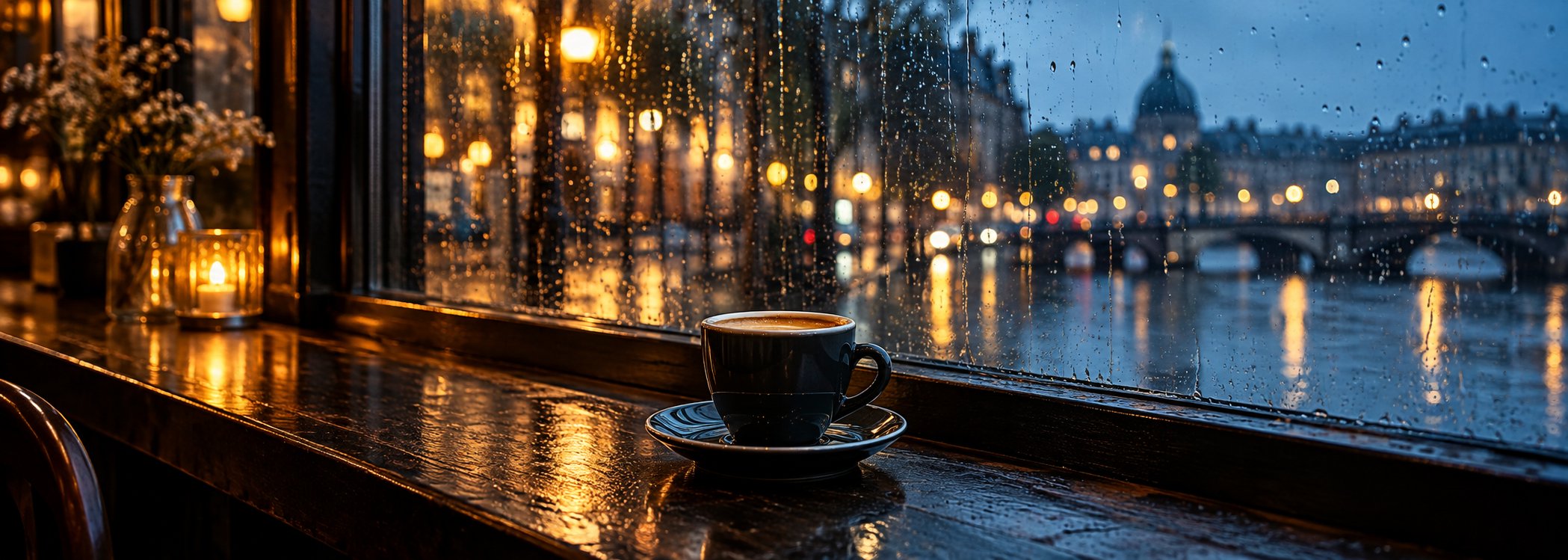 Dark espresso beside a rain-streaked window and distant evening lights