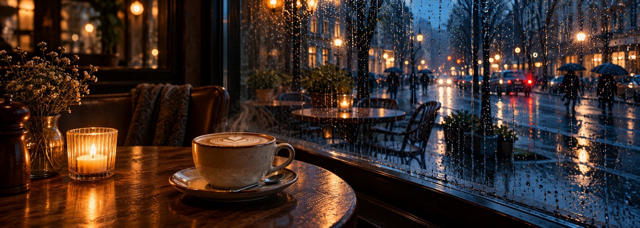 Steaming latte and candle on a table during a rainy evening
