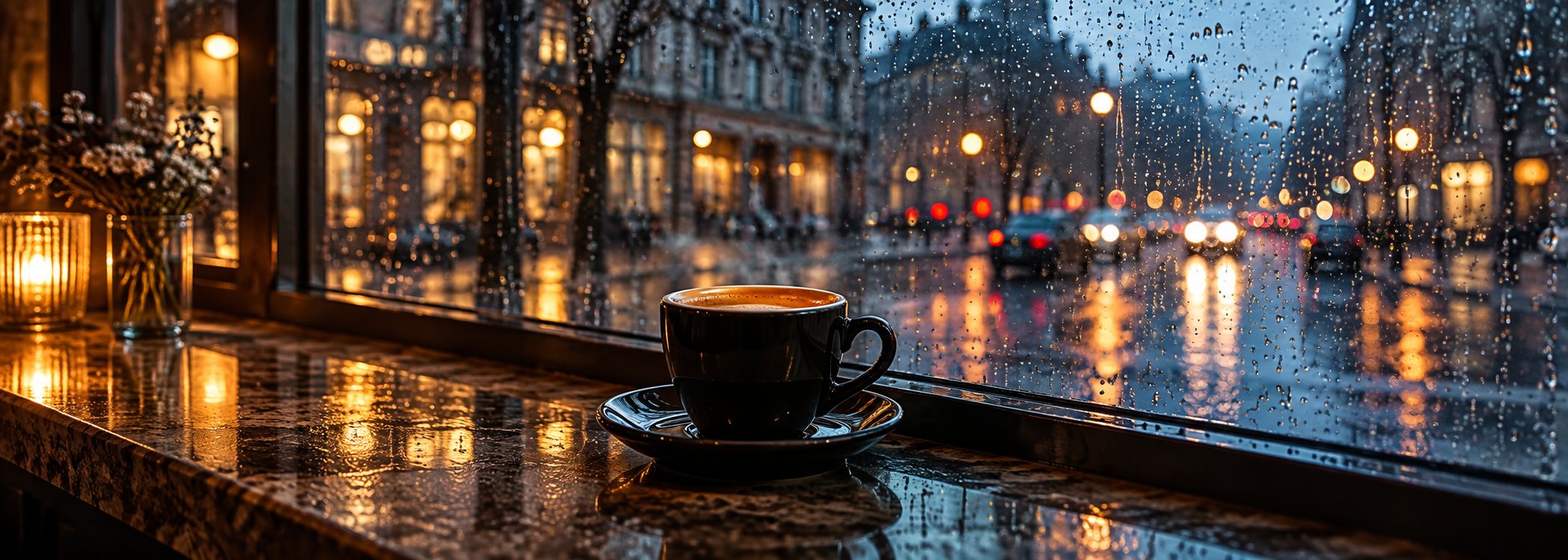 Black demitasse with raindrops and amber city bokeh