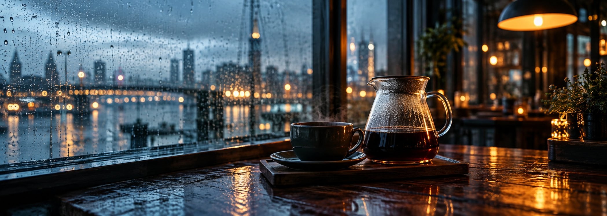 Glass coffee server and dark cup by a rain-covered window