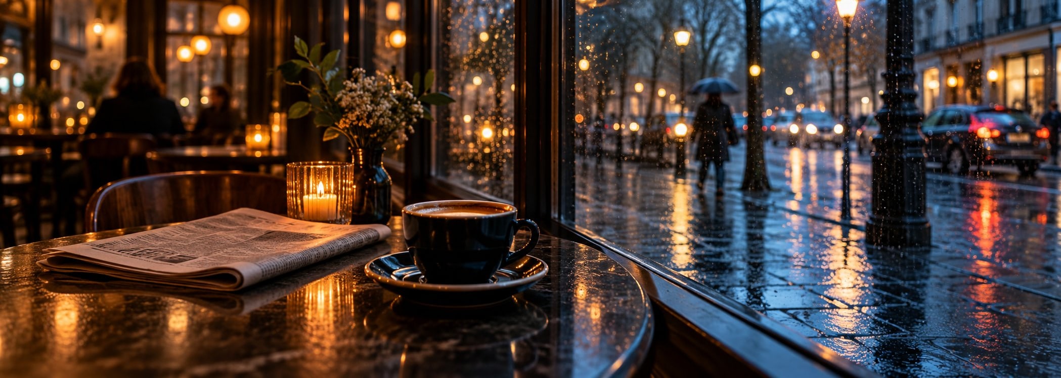 Espresso and folded newspaper beside a rainy city window
