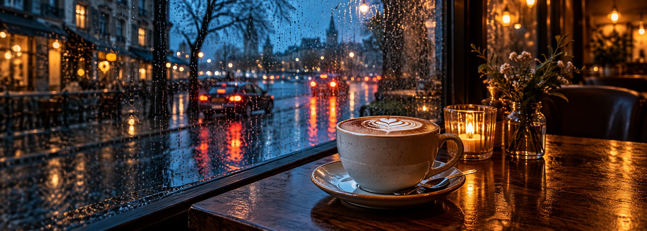 Cappuccino with reflections of wet streets outside the café