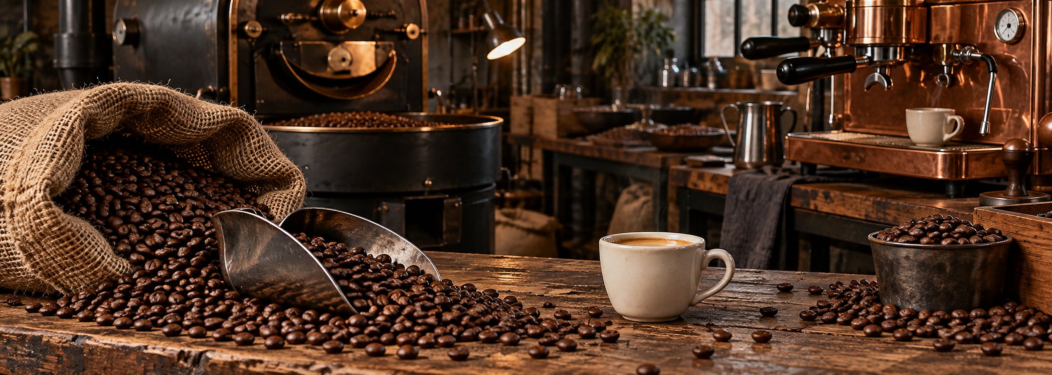 Copper espresso machine and coffee sack in a roastery