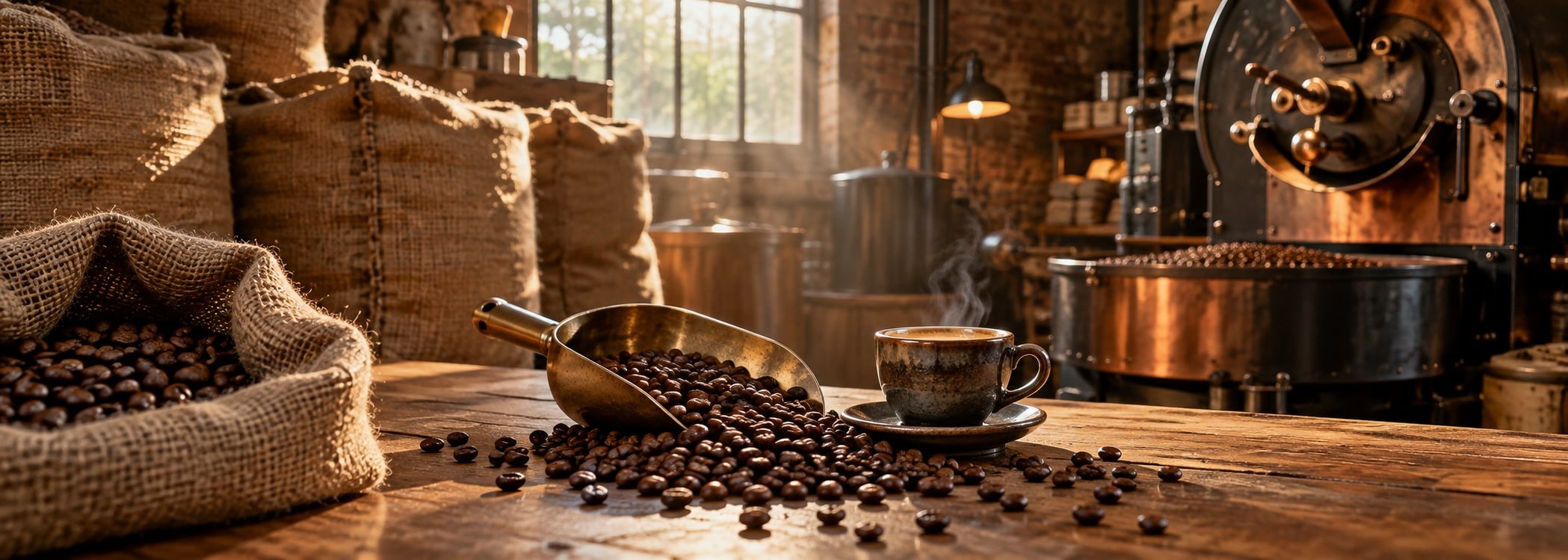 Coffee cup beside stacked burlap sacks in a small roastery