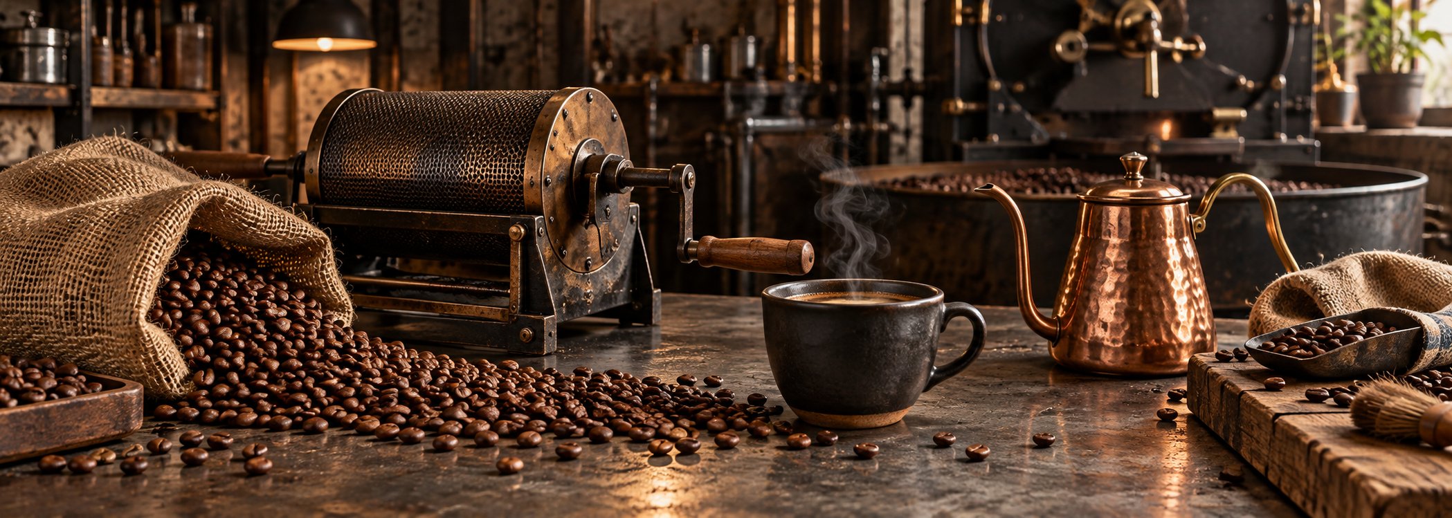 Hand coffee roaster with copper kettle and black cup