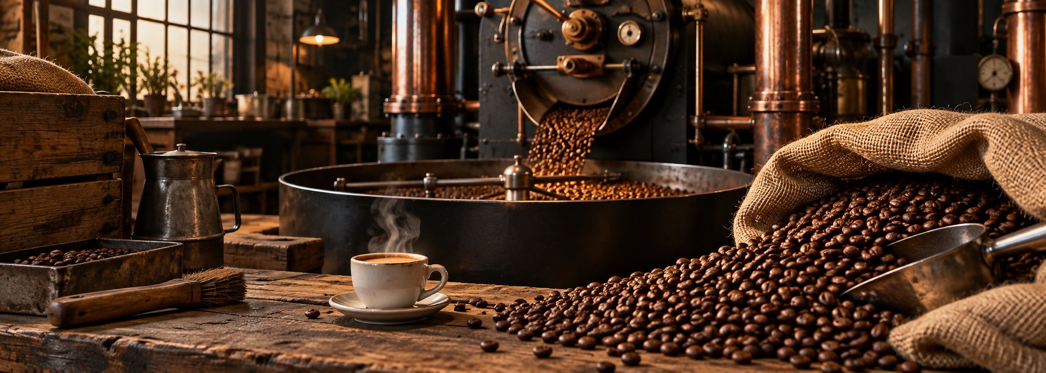Coffee roaster releasing beans beside an espresso cup