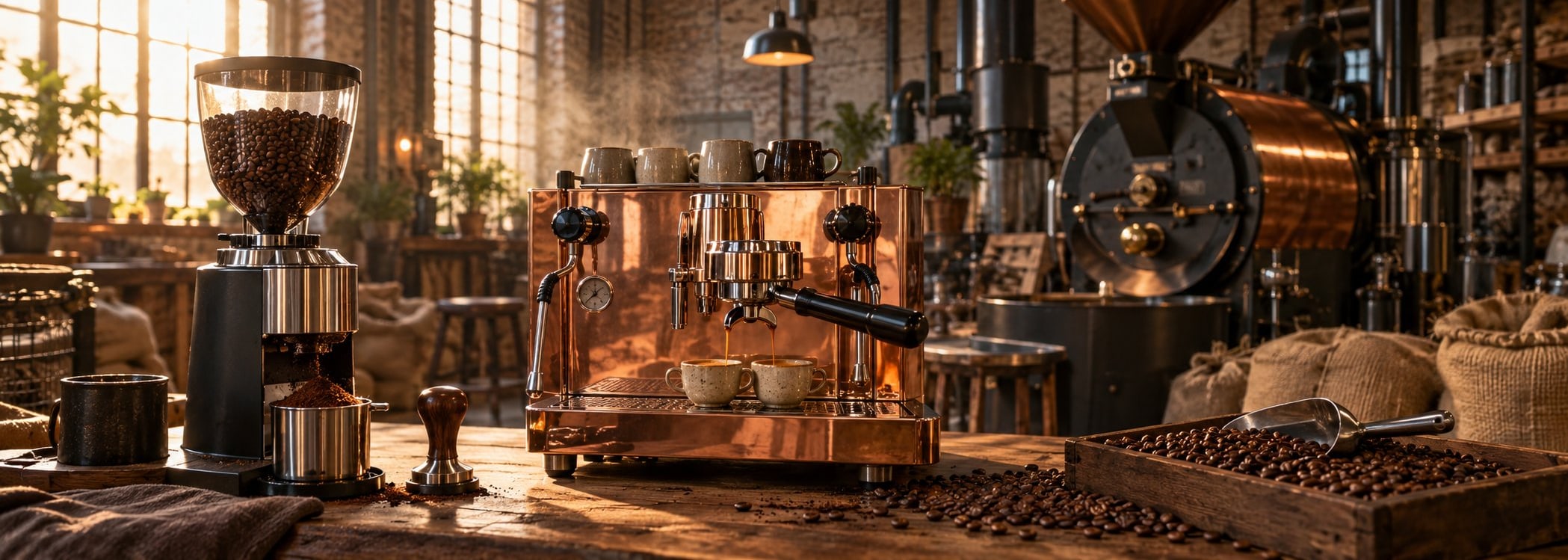 Copper espresso equipment on a working industrial roastery counter