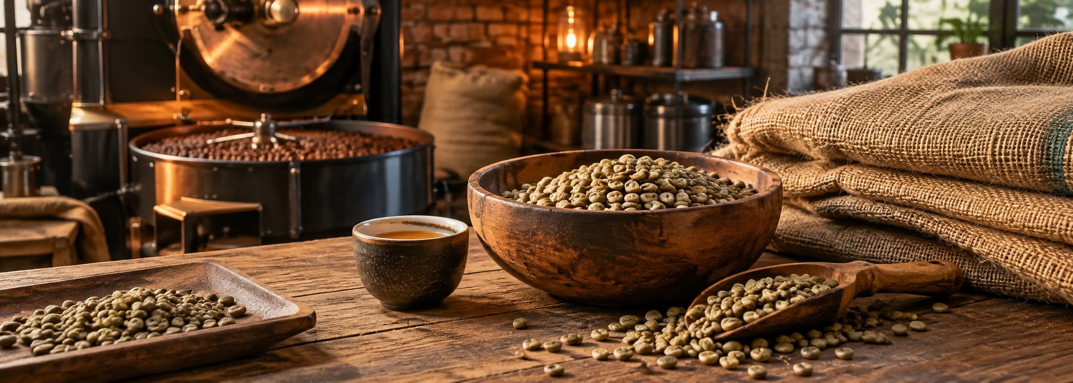 Open burlap sack of green coffee beans in a roastery