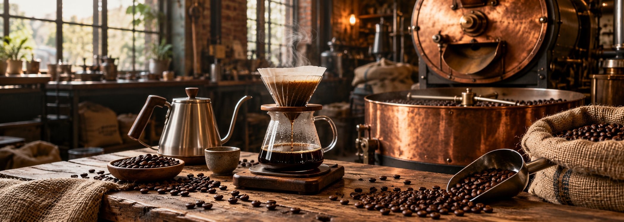 Pour-over kettle and coffee dripper beside a small roaster