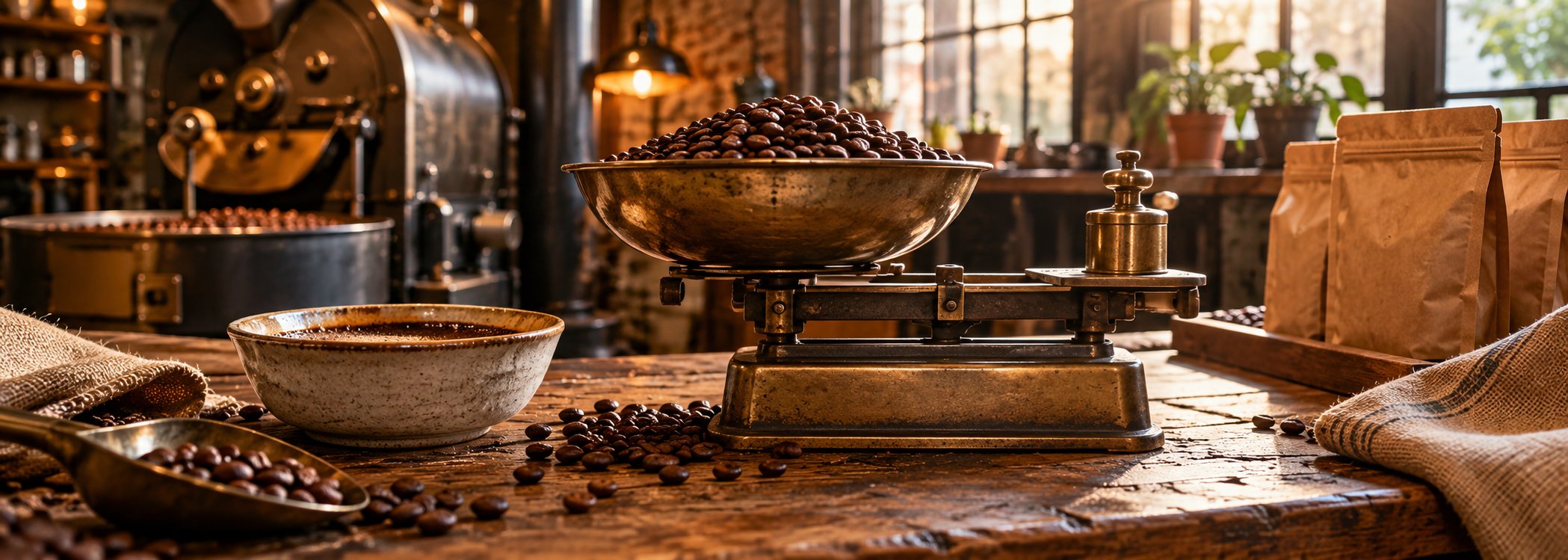 Fresh coffee beans and brass scale on a dark worktable