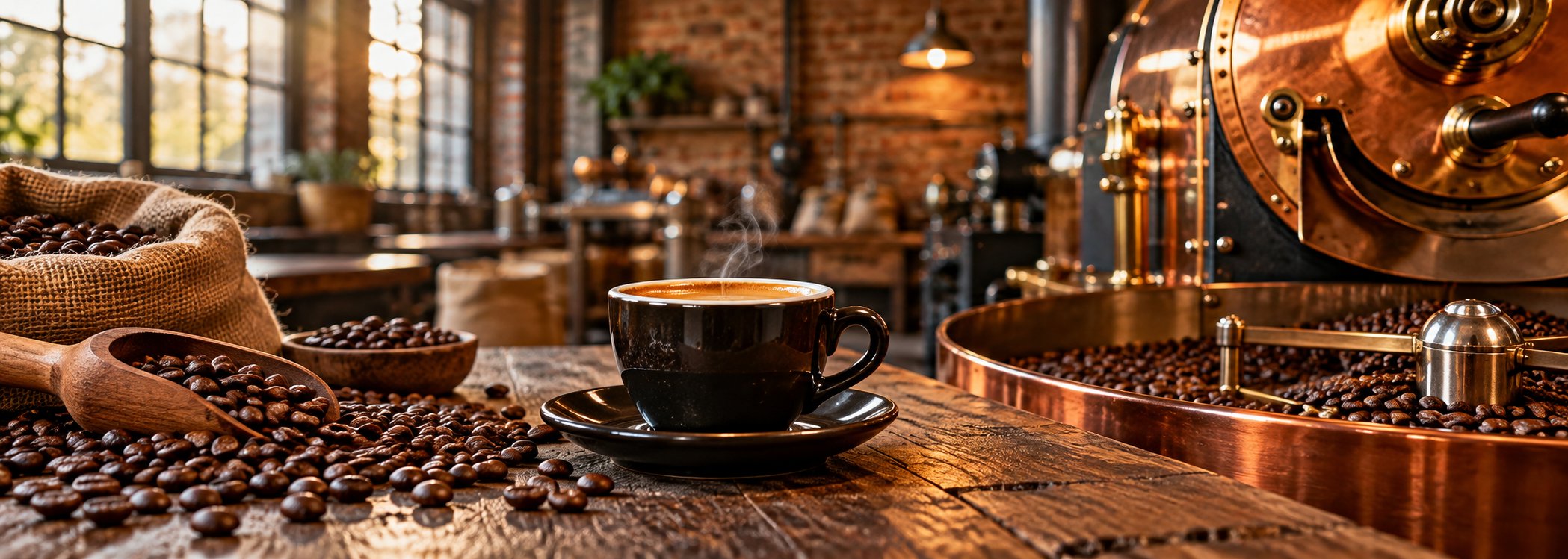 Black espresso cup beside a polished copper coffee machine