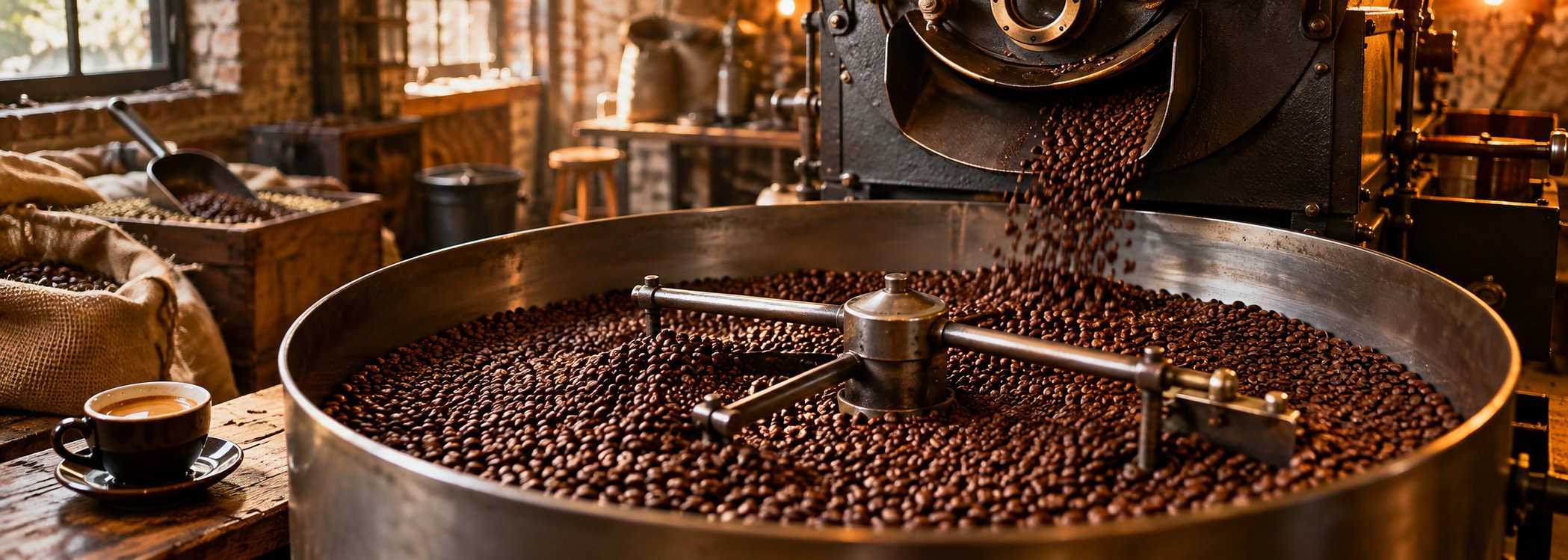 Freshly roasted coffee beans cooling in a metal tray